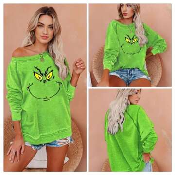 LIK EPOCH Womens Christmas Sweatshirt Long Sleeve Crewneck Vintage Blouse Graphic Sweater Christmas Large Green
