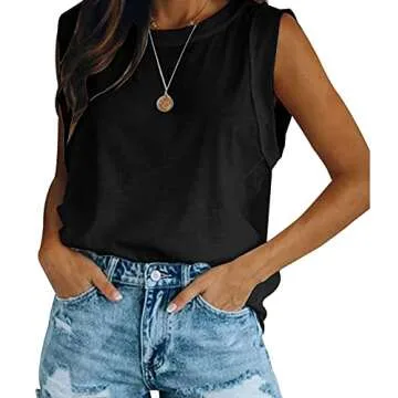 Women's Summer Sleeveless Tank Top Loose Fit Casual Crew Neck T Shirts Basic Tee Tops Black