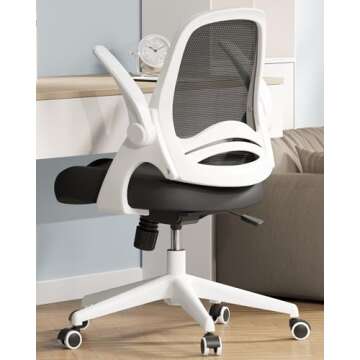 Hbada Office Desk Chair with Flip-Up Armrests and Saddle Cushion, Ergonomic Office Chair with S-Shaped Backrest, Swivel, Mesh, White