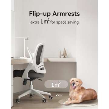 Hbada Office Desk Chair with Flip-Up Armrests and Saddle Cushion, Ergonomic Office Chair with S-Shaped Backrest, Swivel, Mesh, White