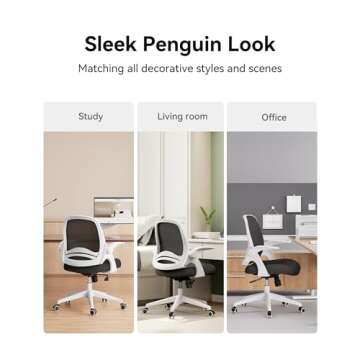 Hbada Office Desk Chair with Flip-Up Armrests and Saddle Cushion, Ergonomic Office Chair with S-Shaped Backrest, Swivel, Mesh, White