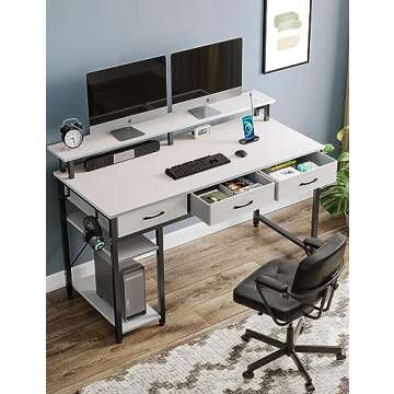 Rolanstar Computer Desk with Power Outlets & LED Light, 47 inch Home Office Desk with Drawers and St...