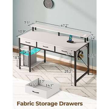 Rolanstar Computer Desk with Power Outlets & LED Light, 47 inch Home Office Desk with Drawers and Storage Shelves, Writing Desk with Monitor Stand, Modern Work Study Desk for Home Office, White