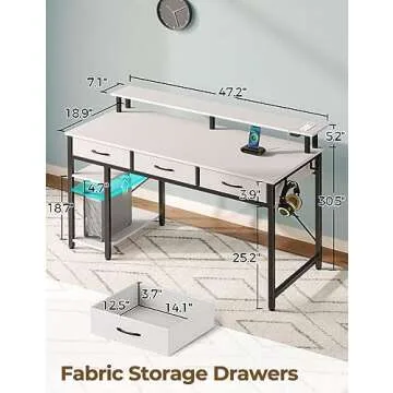 Rolanstar Computer Desk with Power Outlets & LED Light, 47 inch Home Office Desk with Drawers and Storage Shelves, Writing Desk with Monitor Stand, Modern Work Study Desk for Home Office, White
