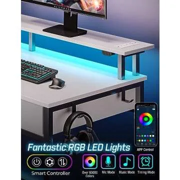 Rolanstar Computer Desk with Power Outlets & LED Light, 47 inch Home Office Desk with Drawers and Storage Shelves, Writing Desk with Monitor Stand, Modern Work Study Desk for Home Office, White