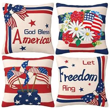 Labor Day Pillow Covers 18x18 Set of 4, Patriotic America Flag Veterans Day Decorations Throw Pillow...
