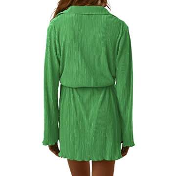 LYANER Women's Collar V Neck Button Down Pleated Long Sleeve Mini Shirt Dress with Belt Solid Green Medium