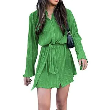 LYANER Women's Collar V Neck Button Down Pleated Long Sleeve Mini Shirt Dress with Belt Solid Green Medium
