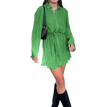 LYANER Women's Collar V Neck Button Down Pleated Long Sleeve Mini Shirt Dress with Belt Solid Green Medium