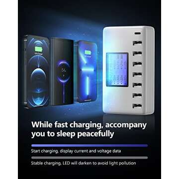 USB Charging Station, Ziwodiv 8-Ports USB Charger Station, 60W/12A Multi Port USB C Hub Charger with LCD Display for Multiple Devices, Compact Desktop Charging for iPhone iPad Samsung Android Tablet