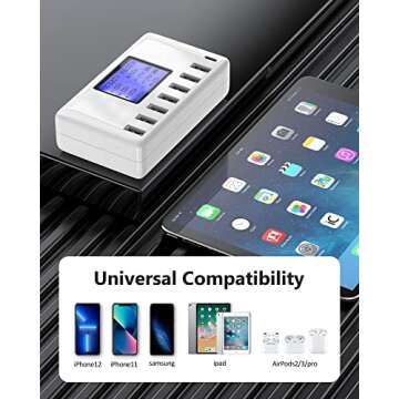 USB Charging Station, Ziwodiv 8-Ports USB Charger Station, 60W/12A Multi Port USB C Hub Charger with LCD Display for Multiple Devices, Compact Desktop Charging for iPhone iPad Samsung Android Tablet