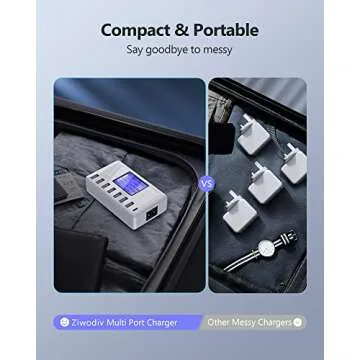 USB Charging Station, Ziwodiv 8-Ports USB Charger Station, 60W/12A Multi Port USB C Hub Charger with LCD Display for Multiple Devices, Compact Desktop Charging for iPhone iPad Samsung Android Tablet