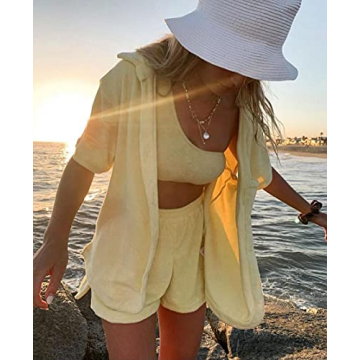 Stylish Women's Button Down Shorts Two Piece Set - B-Yellow