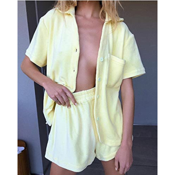 Stylish Women's Button Down Shorts Two Piece Set - B-Yellow