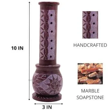 KC KULLICRAFT Marble Handmade Soapstone Red Incense Stick Holder | Candle Burner | Tea Light Holder - Round Jaali Carving for Gifting. Decorative Home and Office Decor - (2.5 x 2.5 x 10 Inches)