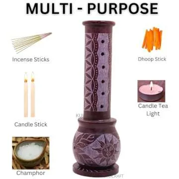 KC KULLICRAFT Marble Handmade Soapstone Red Incense Stick Holder | Candle Burner | Tea Light Holder - Round Jaali Carving for Gifting. Decorative Home and Office Decor - (2.5 x 2.5 x 10 Inches)