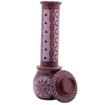 KC KULLICRAFT Marble Handmade Soapstone Red Incense Stick Holder | Candle Burner | Tea Light Holder - Round Jaali Carving for Gifting. Decorative Home and Office Decor - (2.5 x 2.5 x 10 Inches)