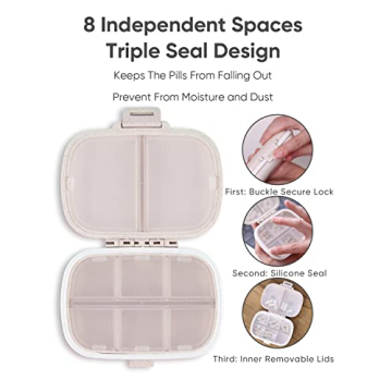 Holii Travel Pill Organizer, 8 Compartments Portable Pill Case, Daily Pill Box to Hold Vitamins, Small Pill Container for Pocket Purse Medicine Organizer（Khaki）