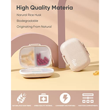 Holii Travel Pill Organizer, 8 Compartments Portable Pill Case, Daily Pill Box to Hold Vitamins, Small Pill Container for Pocket Purse Medicine Organizer（Khaki）