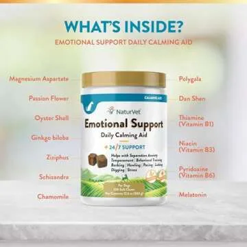 NaturVet Emotional Support Daily Calming Aid Dog Supplement - Helps Promote 24/7 Normal, Calm Behavior - for Dog Stress, Nervousness, Separation, Unwanted Behavior - 120ct Soft Chews