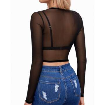 MANGOPOP Women's Short Sleeve Long Sleeve Sheer Mesh Crop Tops Tee Shirt Blouse