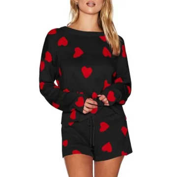 Alyweatry Women Valentine’s Day Pajamas Set Hearts Print Long Sleeve Knitted Pullover Sweater with...