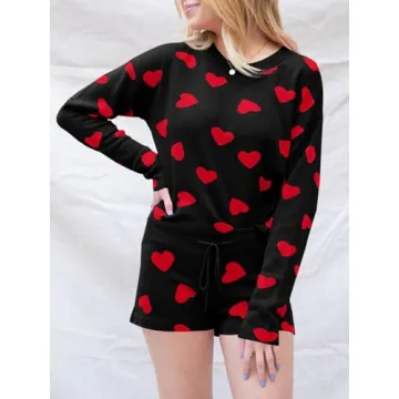 Alyweatry Women Valentine’s Day Pajamas Set Hearts Print Long Sleeve Knitted Pullover Sweater with Shorts Loungewear (Black, S), Small