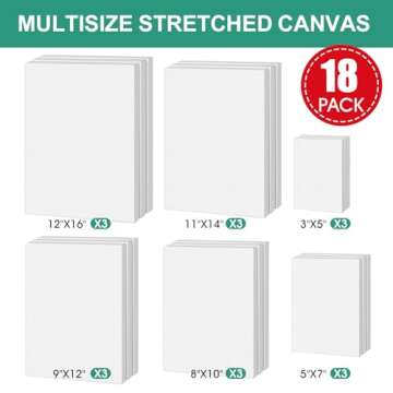 ESRICH Stretched Canvases for Painting,18 Multi Size Canvas 12x16,11x14,9x12,8x10,5x7,3x5 Blank Canvases for Painting,Cotton Primed Paint Canvas for Oil Paint,Acrylic Paint,for Beginners,Artists.