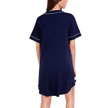 OLIKEME Nightgowns Sleep Shirts for Women soft Comfy Button Down Short Sleeves V Neck Vintage Night Gown for Ladies Dark Blue Medium