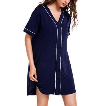 OLIKEME Nightgowns Sleep Shirts for Women soft Comfy Button Down Short Sleeves V Neck Vintage Night Gown for Ladies Dark Blue Medium
