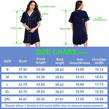 OLIKEME Nightgowns Sleep Shirts for Women soft Comfy Button Down Short Sleeves V Neck Vintage Night Gown for Ladies Dark Blue Medium