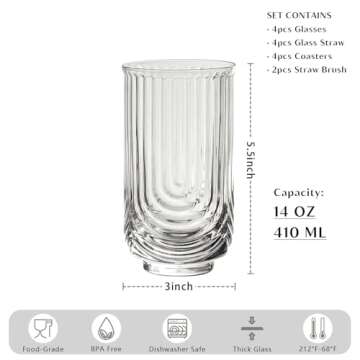 INSETLAN Vintage Glassware Arch Design Glass cups Set of 4, Fashioned Ripple Glassware Highball Glas...