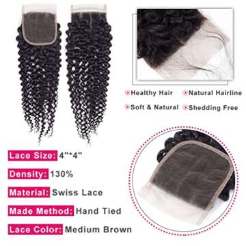 Curly Lace Closure Human Hair Kinky Curly Closure 4x4 Free Part Swiss Lace Closure 12A Brazilian Vir...