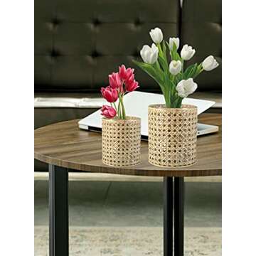 Serene Spaces Living Glass Hurricane Candle Holder Wrapped in Woven Rattan Cane, Rustic Centerpiece ...