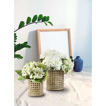 Serene Spaces Living Glass Hurricane Candle Holder Wrapped in Woven Rattan Cane, Rustic Centerpiece for Tables, Wedding Decorations, Home Décor, and Event Vases, 5" Diameter & 10" Tall