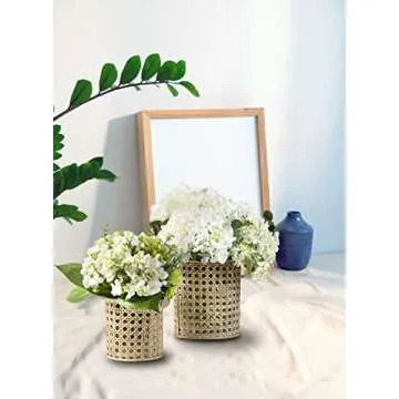 Serene Spaces Living Glass Hurricane Candle Holder Wrapped in Woven Rattan Cane, Rustic Centerpiece for Tables, Wedding Decorations, Home Décor, and Event Vases, 5" Diameter & 10" Tall