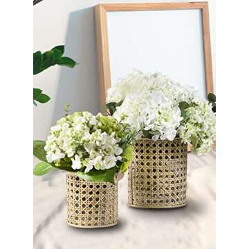 Serene Spaces Living Glass Hurricane Candle Holder Wrapped in Woven Rattan Cane, Rustic Centerpiece for Tables, Wedding Decorations, Home Décor, and Event Vases, 5" Diameter & 10" Tall