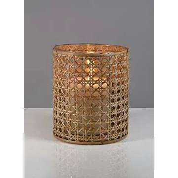 Serene Spaces Living Glass Hurricane Candle Holder Wrapped in Woven Rattan Cane, Rustic Centerpiece for Tables, Wedding Decorations, Home Décor, and Event Vases, 5" Diameter & 10" Tall