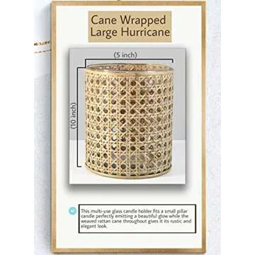 Serene Spaces Living Glass Hurricane Candle Holder Wrapped in Woven Rattan Cane, Rustic Centerpiece for Tables, Wedding Decorations, Home Décor, and Event Vases, 5" Diameter & 10" Tall