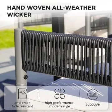 Grand patio Outdoor Dining Set for 6, 7 PCS Patio Table and Chairs Set, Metal Woven Wicker Fixed Patio Chairs with Thickened Cushions & 1 Rectangular Woodgrain Dining Table with Umbrella Hole (Black)