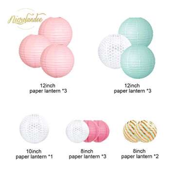 NICROLANDEE Birthday Party Decorations - 12Pcs Mint Green Pink White Paper Lanterns Kit for Pastel Party, Wedding, Engagement, Bridal Shower, Baby Shower, Anniversary Decorations