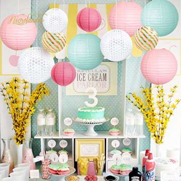 NICROLANDEE Birthday Party Decorations - 12Pcs Mint Green Pink White Paper Lanterns Kit for Pastel Party, Wedding, Engagement, Bridal Shower, Baby Shower, Anniversary Decorations