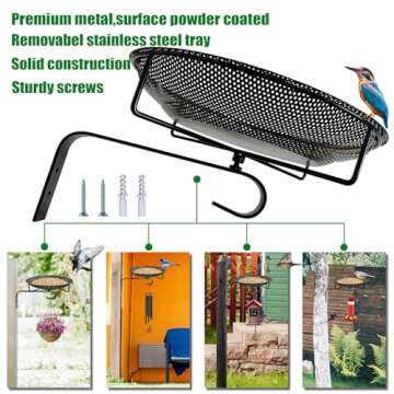 CQAIRIOU Wall Mounted Bird Feeder Tray,11.8" Stainless Steel Large Fence Tree Mount Bird Feeder for Outside Wild Birds, Table Mountable Platform Bird Feeder Mesh Seed Tray with Hanging Hook