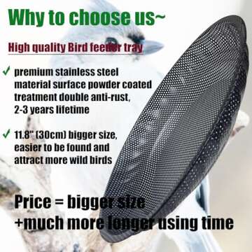 CQAIRIOU Wall Mounted Bird Feeder Tray,11.8" Stainless Steel Large Fence Tree Mount Bird Feeder for Outside Wild Birds, Table Mountable Platform Bird Feeder Mesh Seed Tray with Hanging Hook