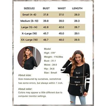 Bonneuitbebe Women's Tunics Long Sleeve Crewneck Shirts Solid Color T Shirt Sweatshirts Black