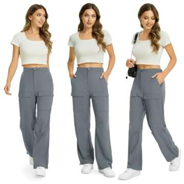 AB-Eleven Cargo Pants for Women Wide Leg Hiking Pants Lightweight Ruched Casual Baggy Joggers Elastic Waist with 4 Pockets Grey