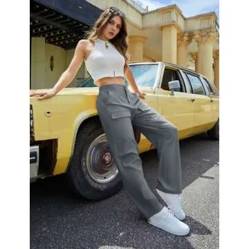 AB-Eleven Cargo Pants for Women Wide Leg Hiking Pants Lightweight Ruched Casual Baggy Joggers Elastic Waist with 4 Pockets Grey