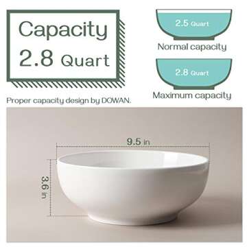DOWAN Serving Bowls, Large Salad Bowls, 9.5" White Ceramic Fruit Bowls for Entertaining, Side Dishes, Pho, Pasta, Dinner Parties, Kitchen Decor, Microwave & Dishwasher Safe, Easy Clean