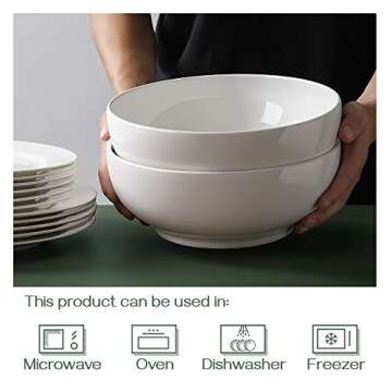 DOWAN Serving Bowls, Large Salad Bowls, 9.5" White Ceramic Fruit Bowls for Entertaining, Side Dishes, Pho, Pasta, Dinner Parties, Kitchen Decor, Microwave & Dishwasher Safe, Easy Clean
