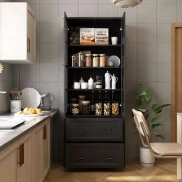 Homsee 78.7" H Bookcase Bookshelf with 4-Tier Shelves, 2 Drawers & 2 Glass Doors, Modern Display Storage Cabinet for Home Office, Living Room, Black